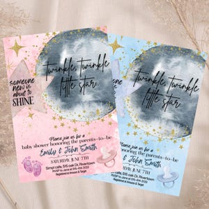 Editable Baby Shower Invitation boy or girl, Gender Neutral | Moon and Stars Theme | Pink blue beige Printable Template | Instant Download