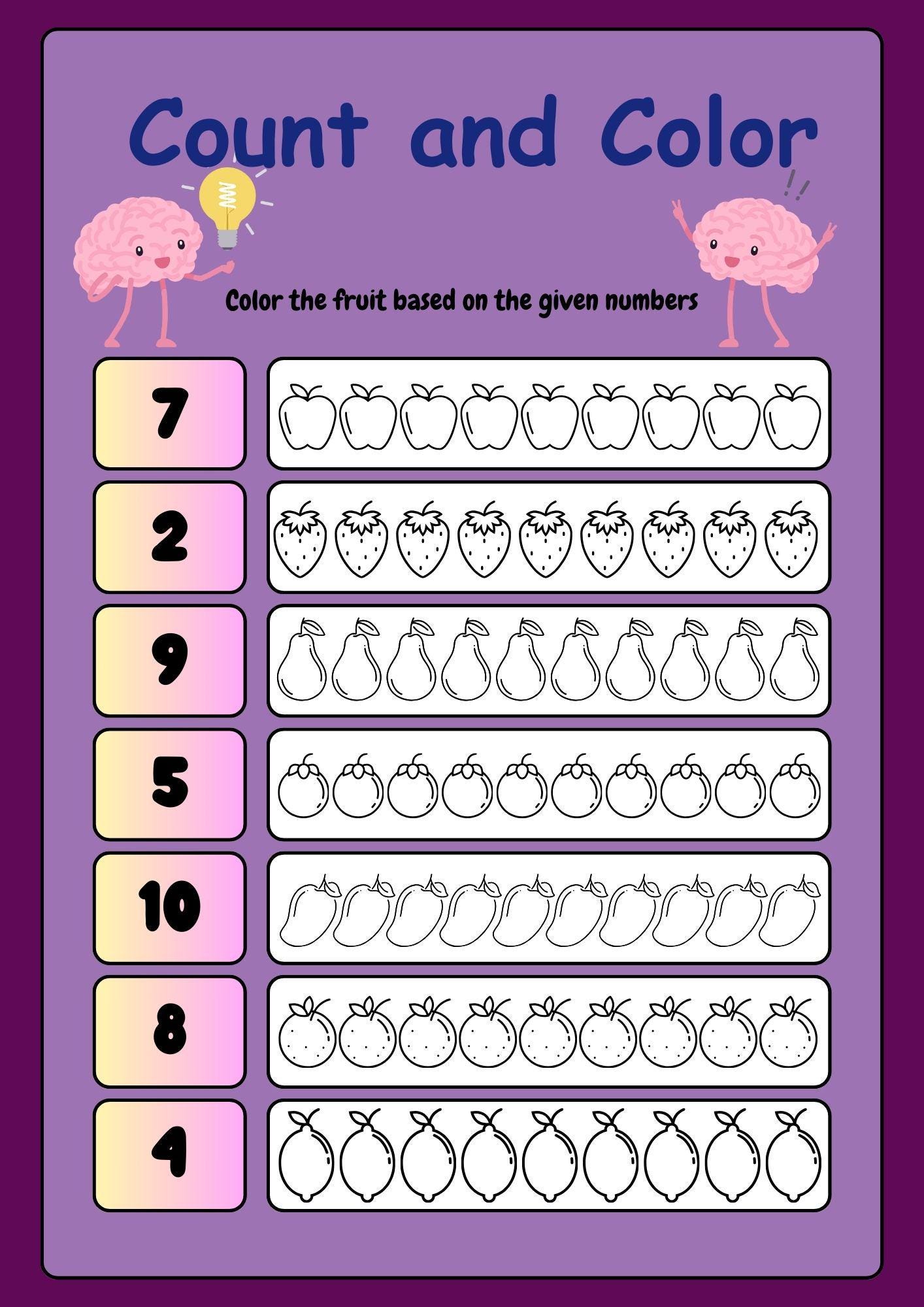 Simple Illustrated Mathematics Count and Color Worksheet - Etsy