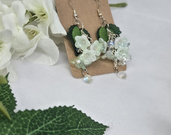 Green and white flower earrings
