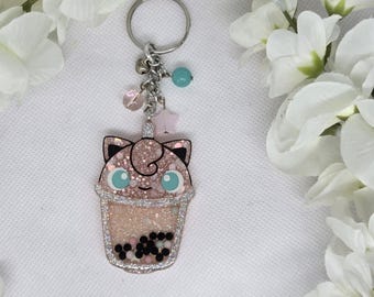 Glittery Jigglypuff boba cup shaker keychain