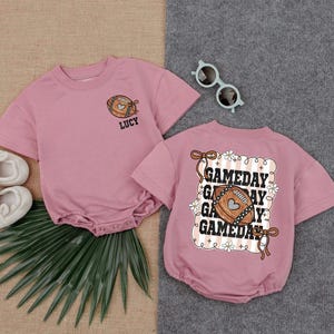 Custom Football Bow Bubble Romper, Gameday Baby Outfit, Short Sleeve Football Baby Clothes, Newborn Romper