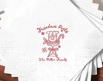 Friendsmas Party Cocktail Napkins Personalized, Custom Christmas Napkins with Family Name, Holiday Beverage Napkins