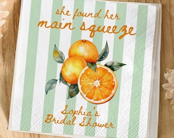 Personalized Main Squeeze Cocktail Napkins, Orange Bridal Shower Decor, Citrus Bachelorette Party Napkins, Custom Bride to Be Favor