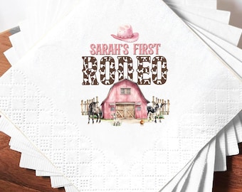 First Rodeo 1st Birthday Napkins, Pink Cowgirl Party Napkins, Personalized First Birthday Decor, Western Rodeo Theme Girl Party Supplies
