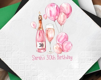 Custom Birthday Napkins, Cheers to 30 Dirty Thirty Party Napkins, Birthday Girl Cocktail Napkins, Pink Champagne Bottle & Balloons Napkins