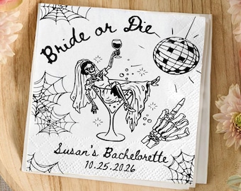 Personalized Bride or Die Bachelorette Napkins, Gothic Skeleton Disco Cocktail Napkins, Custom Name Spooky Bridal Shower Party Decor