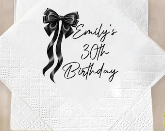 Black Bow Birthday Napkins, Personalized Birthday Napkins with Black Bow, Custom Birthday Party Napkins