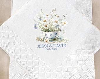Daisy & Faded Blue Denim Flowers Teacup Napkins, Floral Tea Party Napkins, Vintage Garden Bridal Shower, Personalized Baby Shower Decor
