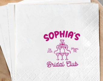 Personalized Bridal Club Napkins, Custom Name Bachelorette Party Napkins, Champagne Tower Cocktail Napkins, Hen Party Table Decor