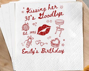 Custom 30th Birthday Napkins, Kissing My 20s Goodbye 1995 Cocktail Beverage Napkins, Milestone Party Decor for Women