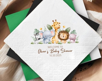 May include: White square paper napkins with a decorative design featuring a zebra, elephant, giraffe, lion, and hippo. The napkins have the text "WELCOME TO Oliver's Baby Shower 10.20.2025" printed in brown.