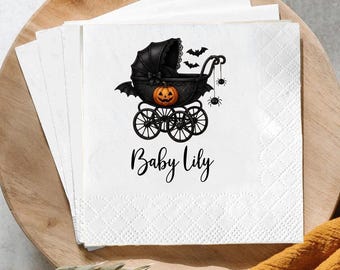 Personalized Halloween Baby Shower Napkins, Gothic Baby Carriage Cocktail Napkins, Custom Name Little Boo Party Decor