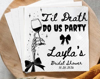 Personalized Til Death Do Us Party Napkins, Gothic Bridal Shower Cocktail Napkins, Skeleton Wine Custom Name Wedding Shower Decor