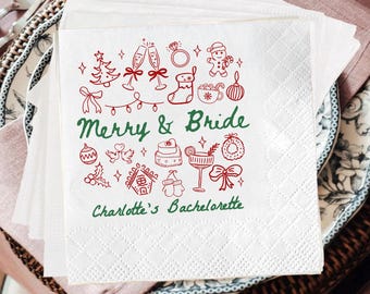 Bachelorette Party Napkins, Custom Bridal Shower Napkins, Merry and Bride Napkins, Personalized Wedding Napkins, Winter Bachelorette Decor