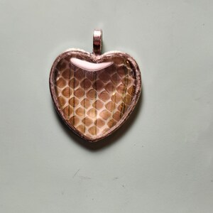 May include: Heart-shaped pendant with a snakeskin pattern encased in a clear resin. The pendant has a silver-colored metal frame and a loop for a chain. The snakeskin pattern features shades of brown and tan.