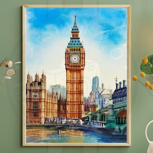 London Watercolor Poster, Big Ben Tower Bridge Wall Art, UK London Print Digital Download, Cozy City Decor, UK Skyline Printable Art London