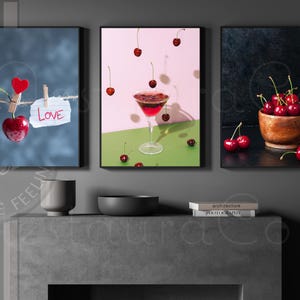 Cherry kitchen decor, Red cherry print, cherry digital print, trippy art print, retro fruit art, room decor for teens,Cherry Wall Art bundle
