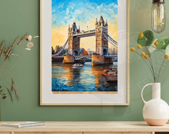 Tower Bridge, Londra, arte digitale, stampa murale di un punto di riferimento del Regno Unito, poster di architettura britannica, decorazioni da viaggio a Londra, download stampabile ad alta risoluzione