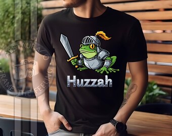 Huzzah Frog with Sword Tee, Embroidered Medieval Frog Shirt, Funny DnD T-Shirt, Renaissance Faire Frog Gift