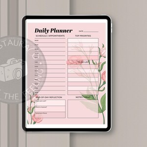 May include: A digital daily planner on a tablet, featuring a pink design with floral illustrations. It includes sections for scheduling, priorities, to-do lists, and notes. Text reads "Daily Planner" and "Schedule/Appointments".