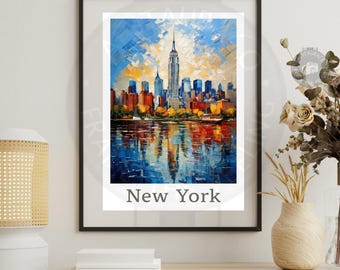 New York Skyline Wall Art Print, Colorful Oil Texture NYC Poster, Empire State Building Cityscape, Printable Travel Gift, Digital Art