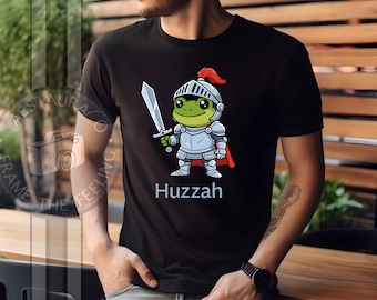 Huzzah Frog with Sword Tee, Embroidered Medieval Frog Shirt, Funny DnD T-Shirt, Renaissance Faire Frog Gift