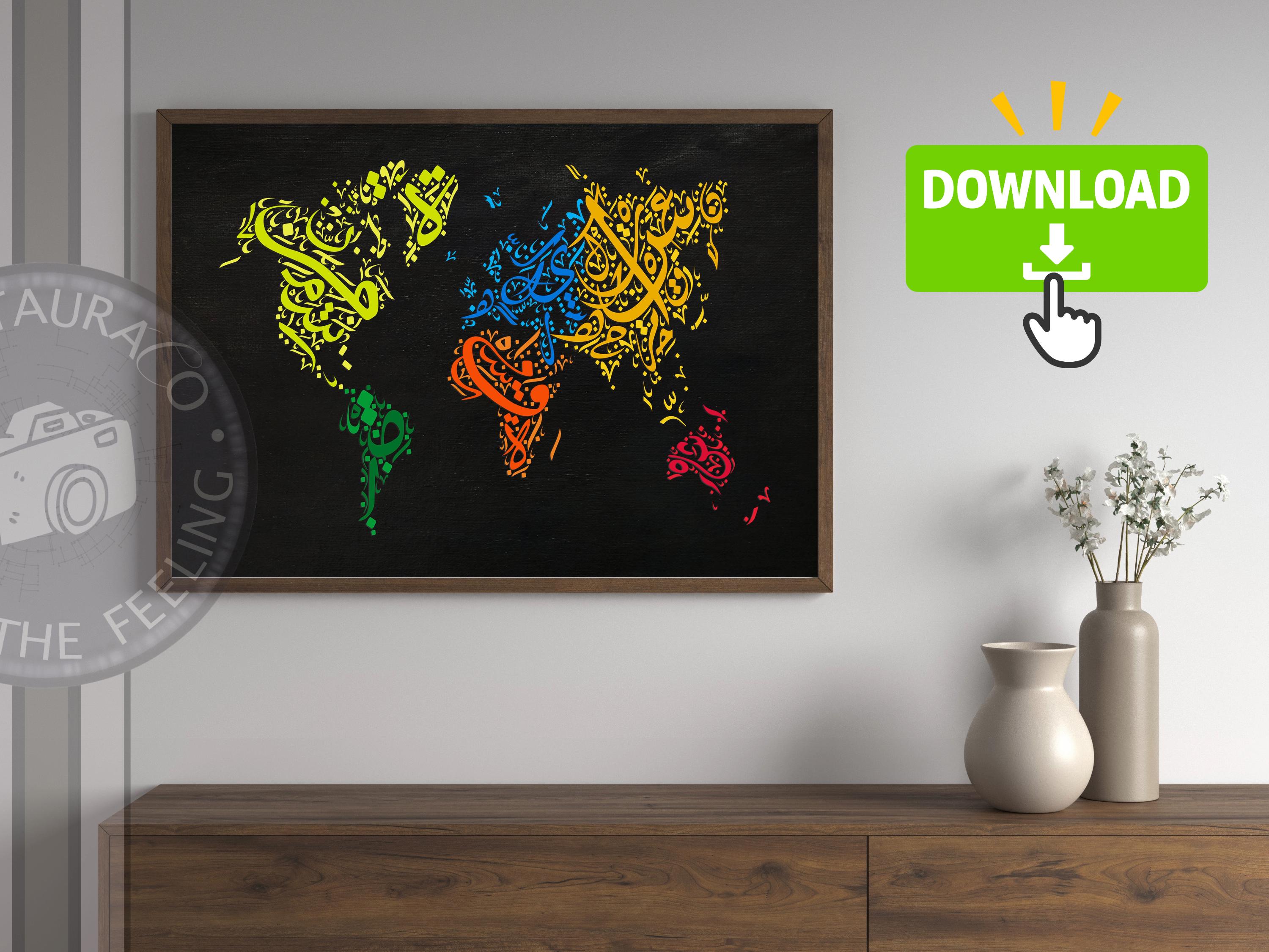 Arabic Typography Print World Map | Colorful Islamic Calligraphy Map ...