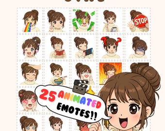 Emotes animados para Twitch: Pacote de emotes Chibi de garota de cabelo castanho, figurinhas para Discord, recursos para transmissões (GIF)