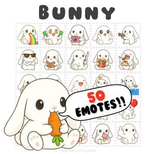 Könnte beinhalten: Eine digitale Illustration mit weißen Hasen-Emojis mit verschiedenen Ausdrücken und Requisiten. Das Wort "BUNNY" steht oben. Ein großer Hase isst eine Karotte, mit einer Sprechblase mit der Aufschrift "50 EMOTES!!".