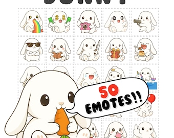 May include: A digital illustration featuring a collection of white bunny emotes with various expressions and props. The word "BUNNY" is at the top. A large bunny eats a carrot, with a speech bubble that says "50 EMOTES!!".