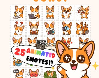 May include: A grid of 25 animated corgi emotes in various poses and expressions, with the word "CORGI" at the top. A speech bubble says "25 ANIMATED EMOTES!!" and a corgi with sparkling eyes waves.