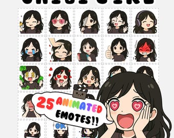May include: A sticker sheet featuring a collection of 25 animated chibi girl emotes. The emotes depict various expressions and actions, including holding money, crying, and using a gaming console. The text "CHIBI GIRL" is at the top.