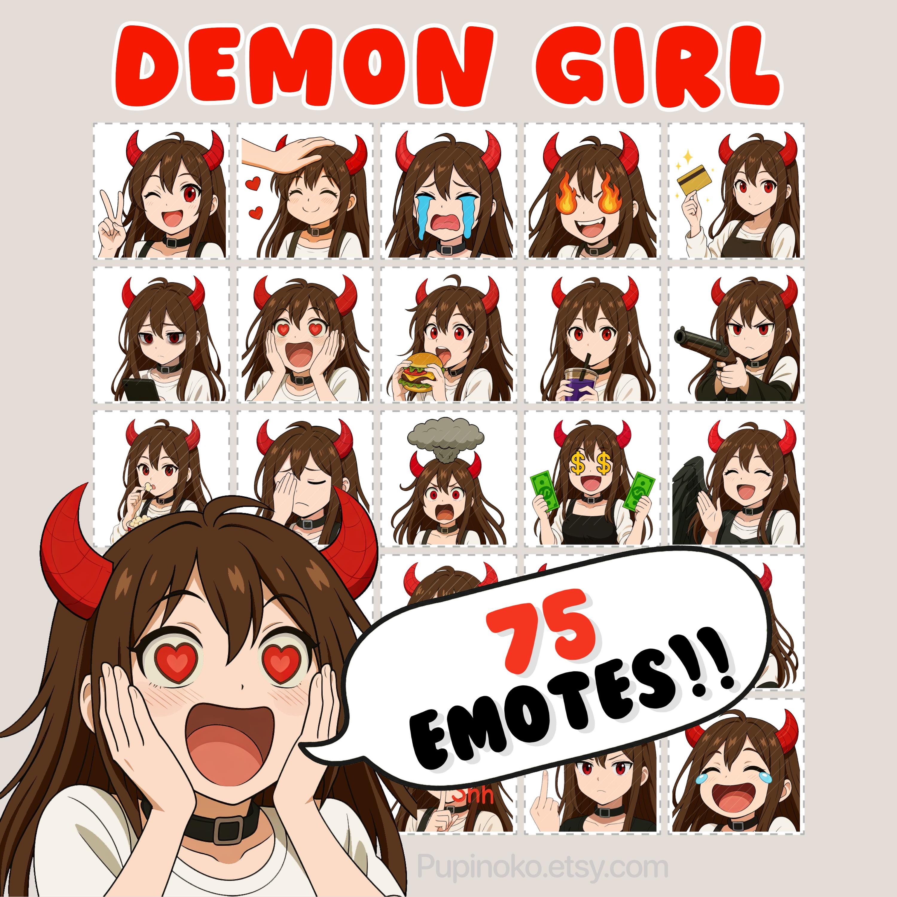 Demon Emote Set Twitch Emotes, Demon Girl Emote Pack, Discord Emotes, Brown Hair Evil ...