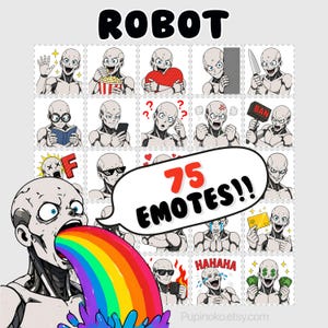 Peut inclure: Impression d'art numérique représentant un robot avec diverses expressions et poses. Le mot "ROBOT" est en haut, et une bulle de dialogue dit "75 EMOTES!!". Le robot est montré avec un arc-en-ciel sortant de sa bouche, et d'autres images de robots montrent différentes émotions.