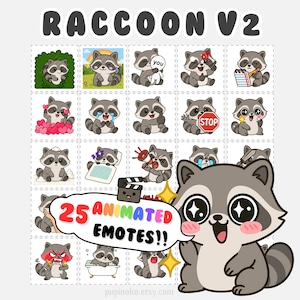 Könnte beinhalten: Ein Bogen mit Aufklebern mit Cartoon-Waschbären in verschiedenen Posen und Ausdrücken. Die Aufkleber enthalten den Text "RACCOON V2" und "25 ANIMATED EMOTES !!". Die Waschbären sind grau, weiß und schwarz mit großen Augen.