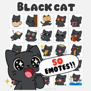 Black Cat Emotes – Twitch Emote Pack, twitch emotes, Cute Chibi Cat Emotes, Discord Emotes, Twitch Chat, cute png emotes, cute kawaii emotes