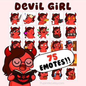 Puede incluir: Una colección de 75 emotes de "Devil Girl", con un personaje de diablo rojo de dibujos animados en varias poses y expresiones. Los emotes incluyen al diablo con un cuchillo, durmiendo, con dinero y más. La imagen también incluye el texto "Devil Girl" y "75 Emotes!!".