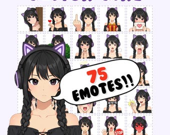 Twitch Emotes: Gamer Girl Emote Pack, Black Hair Bundle, Discord Sticker, vtuber elements (PNG)