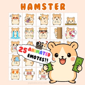Op de afbeelding: Een raster van 25 geanimeerde hamster-emotes met verschillende uitdrukkingen, waaronder boos en huilend, en die geld vasthouden. Het woord "HAMSTER" staat bovenaan in oranje, en een tekstballon zegt "25 ANIMATED EMOTES!!". De achtergrond is licht perzik van kleur.