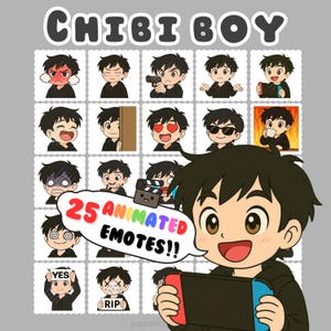 Animated Twitch Emotes, Chibi boy Emotes, Dark hair boy Emotes, Cute boy Emotes, Discord Emotes, Emote Pack, Black Hair Emotes, chibi emotes