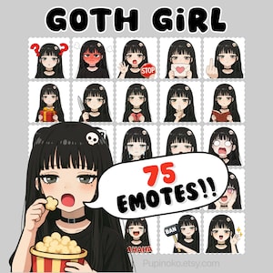 May include: A set of 75 "Goth Girl" emotes. The cartoon girl with black hair displays various expressions, including anger, sadness, and joy. The emotes are displayed on a light grey background, with the text "75 EMOTES!!".