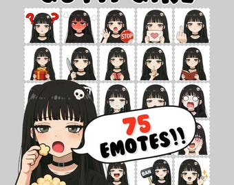 May include: A collection of 75 "Goth Girl" emotes featuring a cartoon girl with black hair and various expressions. The emotes include a range of emotions, from anger to joy, and are displayed on a light gray background.