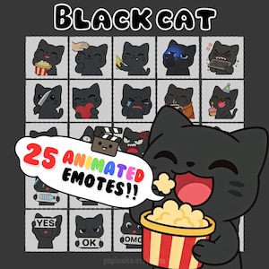 Twitch emotes bundle pack | 25 animated black cat emotes for Twitch Chat & Alerts, chibi emotes, stream emote, cute emotes, twitch emote cat