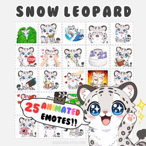 May include: A sheet of stickers featuring a cartoon snow leopard with various animated expressions. The stickers include the text "SNOW LEOPARD" and "25 ANIMATED EMOTES!!". The snow leopard is white with black spots and blue eyes.