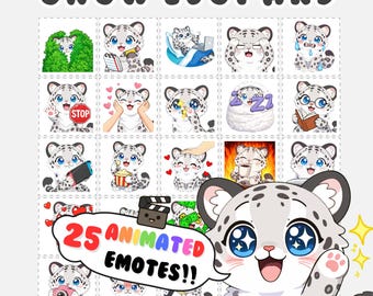 May include: A sheet of stickers featuring a cartoon snow leopard with various animated expressions. The stickers include the text "SNOW LEOPARD" and "25 ANIMATED EMOTES!!". The snow leopard is white with black spots and blue eyes.