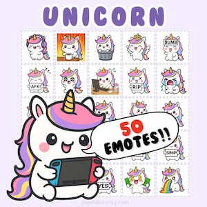Puede incluir: Una colección de 50 emoticonos de unicornio en un diseño de cuadrícula. Los emoticonos presentan varias expresiones y actividades, como usar auriculares, llorar y trabajar en una computadora. La imagen principal muestra un unicornio sosteniendo una consola de juegos. La palabra "UNICORN" está en la parte superior.