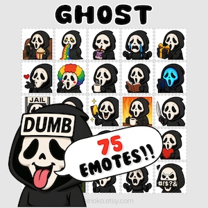 May include: A collection of 75 Ghost-themed emotes, each featuring a character in a black hooded robe with a white skull mask. The emotes display various expressions and actions, with the word "GHOST" at the top and "DUMB" on a sign.