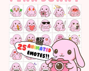 May include: A grid of pink bunny emotes with various expressions, including holding money, hearts, and cameras. The text "PINK BUNNY" is at the top, and a speech bubble says "25 ANIMATED EMOTES!!". A pink bunny holds a pink camera.