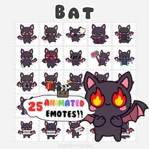 Peut inclure: Une grille de 25 émoticônes de chauve-souris animées, chacune avec une expression différente. Les chauves-souris sont noires avec des détails roses. Le mot "BAT" est en haut, et une bulle de dialogue dit "25 ANIMATED EMOTES!!".