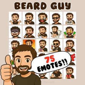 Pode incluir: Uma coleção de 75 emotes de personagens barbudos de desenhos animados em várias expressões, com um personagem grande em primeiro plano com o polegar para cima. O texto "BEARD GUY" está no topo, e um balão de fala diz "75 EMOTES!!".